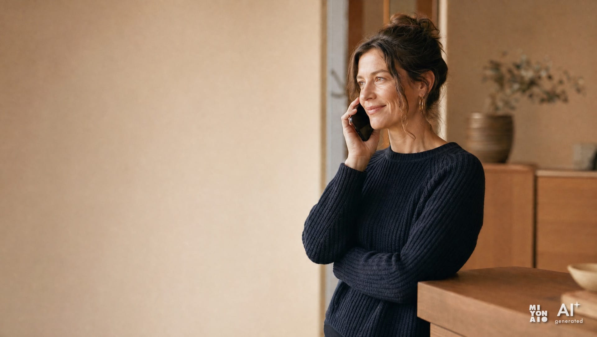 A business owner on the phone, talking, pleased with the call