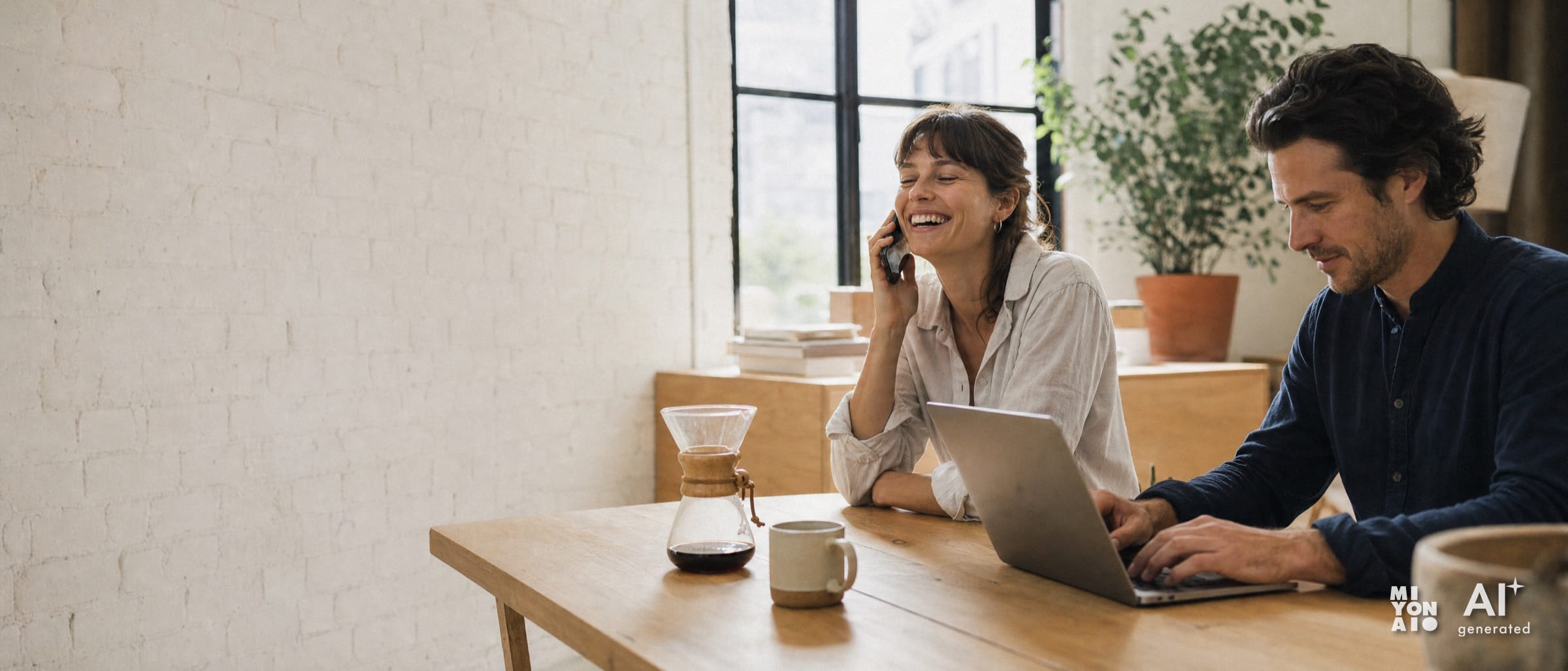 Two colleagues at a shared table in a small agency loft, one of them laughing on the phone