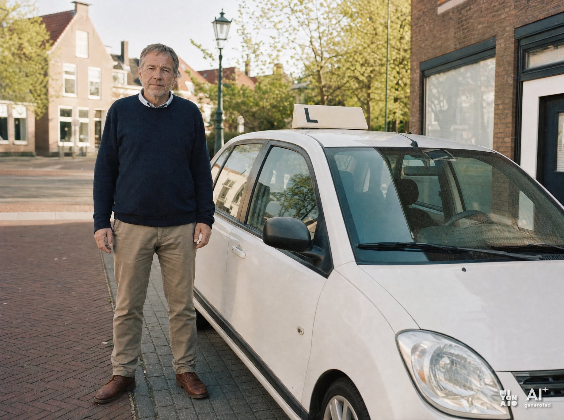 A driving instructor next to a learner car on a quiet street