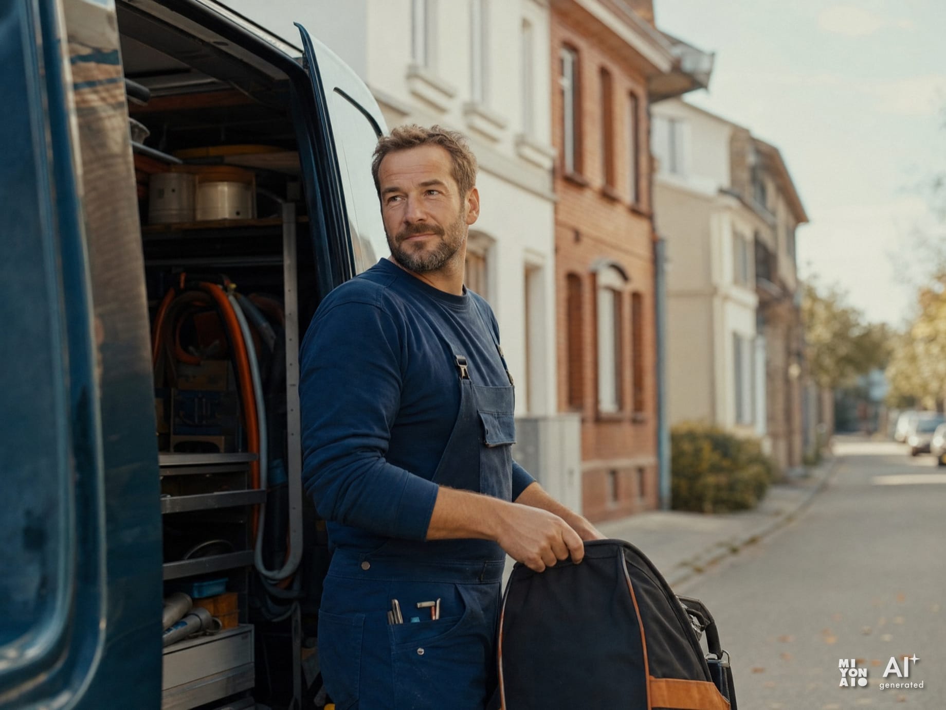 An installer in a navy work uniform at his service van, tool bag in hand