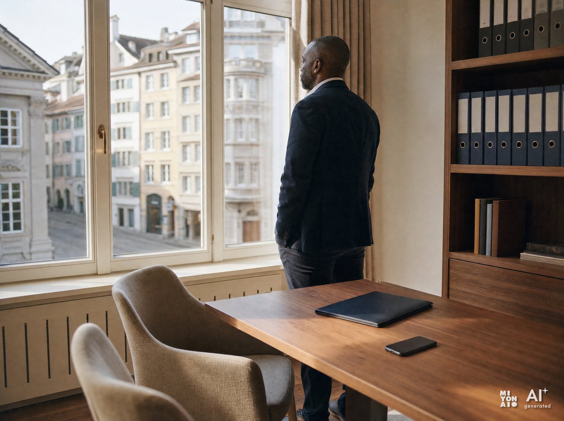 Ein Berater am Fenster eines kleinen Büros für Finanzberatung, auf dem Schreibtisch eine Mappe und ein Telefon