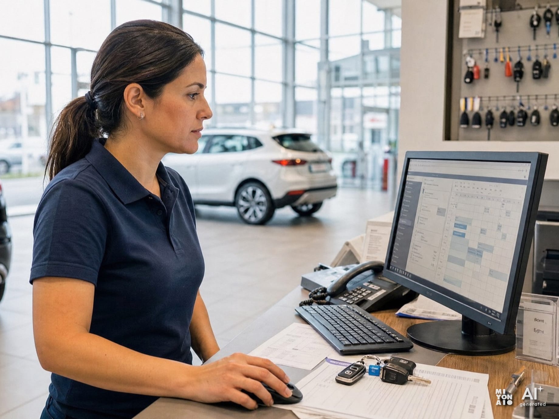 A service advisor at the desk of a car dealership, the workshop calendar on the screen and car keys on the counter