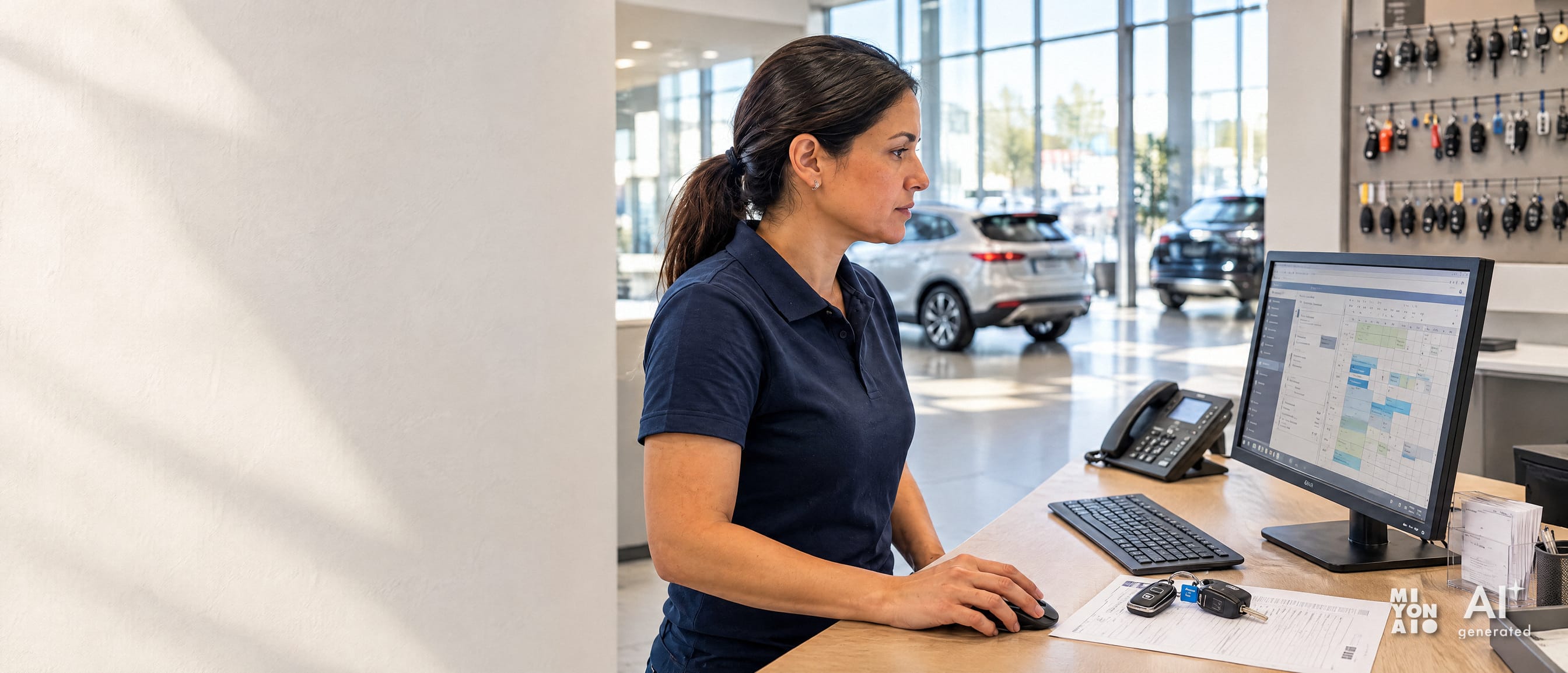 A service advisor at the desk of a car dealership, the workshop calendar on the screen and car keys on the counter